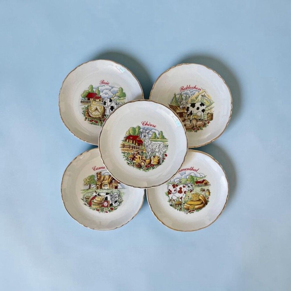 Vintage Cheese Plates, 5, 1950s, French Country Home Decor, Cows, Goats, Whimsy